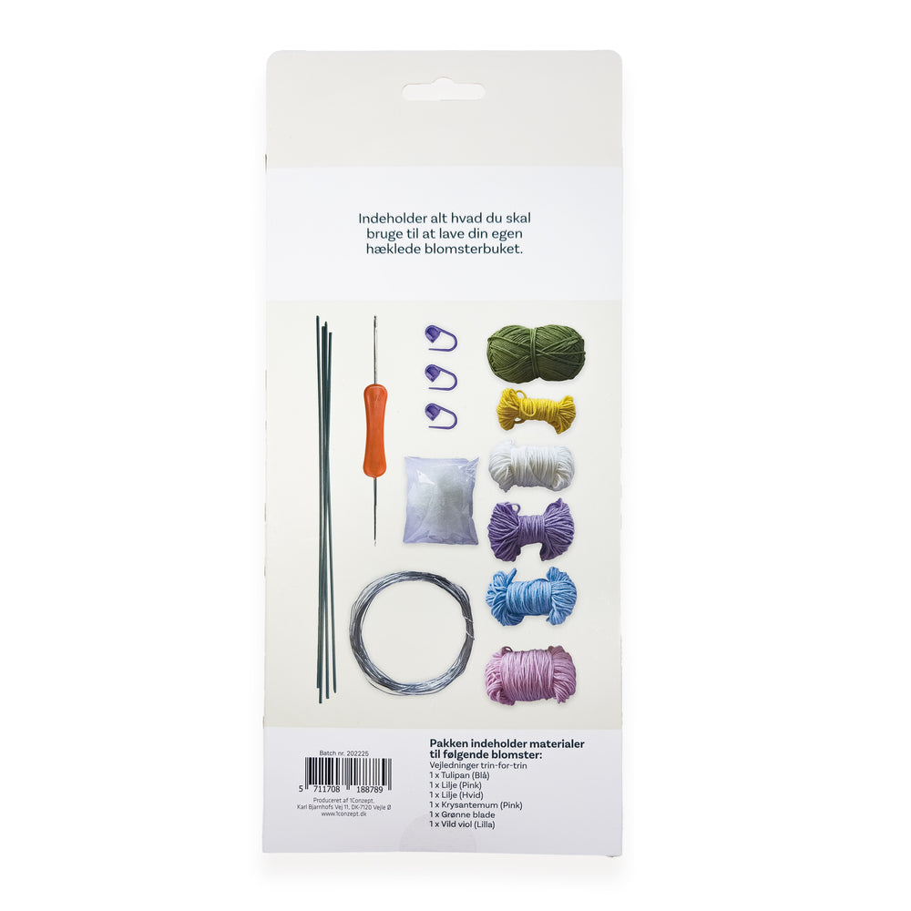 Hækle kit pastel blomster 6 stk blå, pink, hvid, lilla, grøn