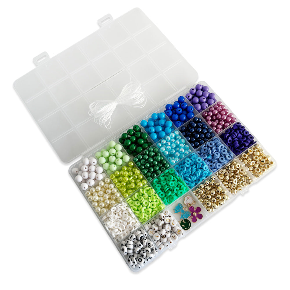Perler æske trendy blå/grøn/guld/bogstav mix inkl. nål/tråd