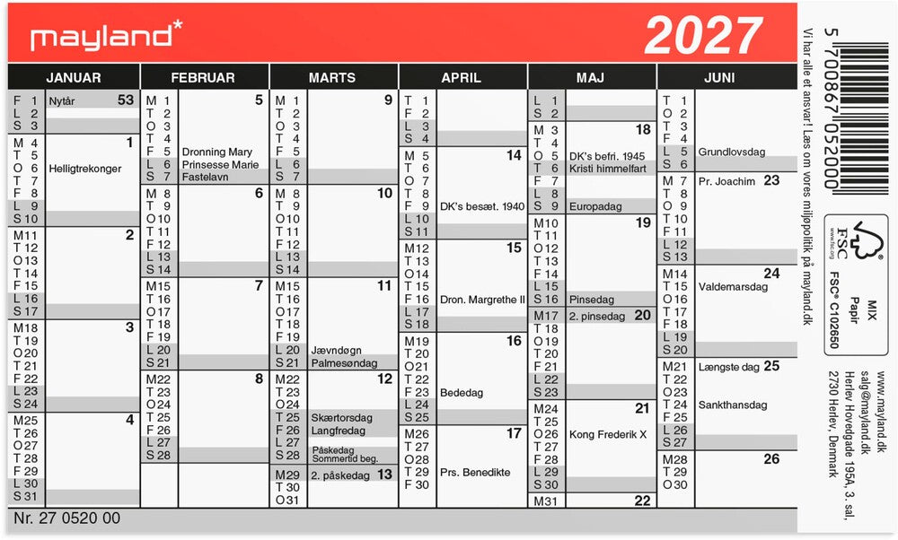 Kalender mini 2027 Mayland 11,7 x 7 cm
