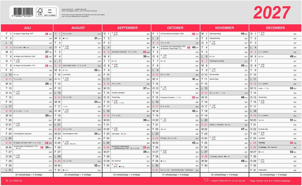 Kontorkalender stor 2027 m/flagdage Mayland 39 x 24 cm