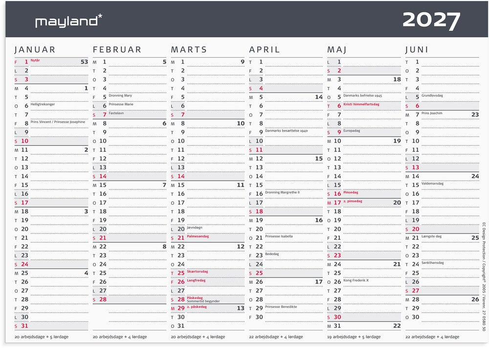 Kontorkalender 2027 moderne A5 Mayland 21 x 14,8 cm