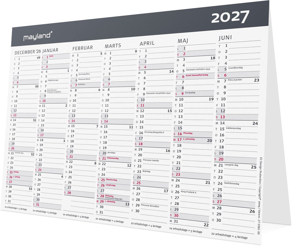 Bordkalender 2027 stående 2x7 mdr Mayland 21 x 14,8 cm