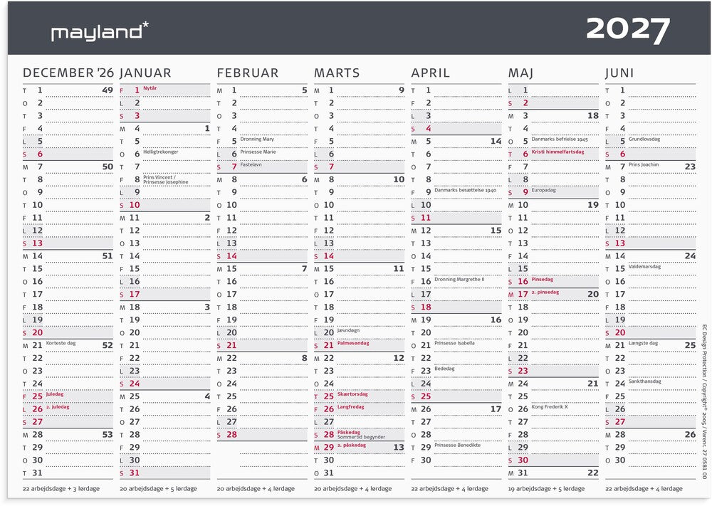 Bordkalender 2027 stående 2x7 mdr Mayland 21 x 14,8 cm