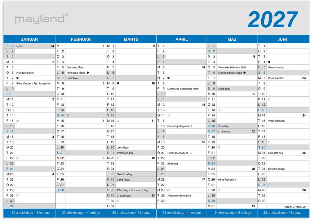 Kontorkalender 2027 klassisk A4 Mayland 29,7 x 21 cm