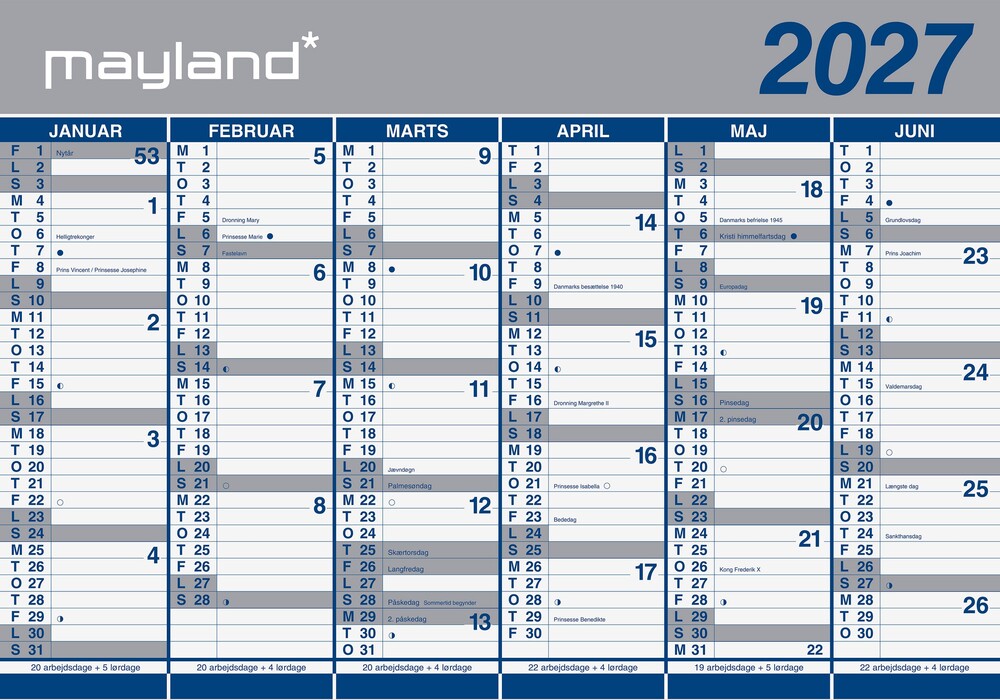 Kæmpekalender 2027 papir i rør 2x6 mdr Mayland 100 x 70 cm
