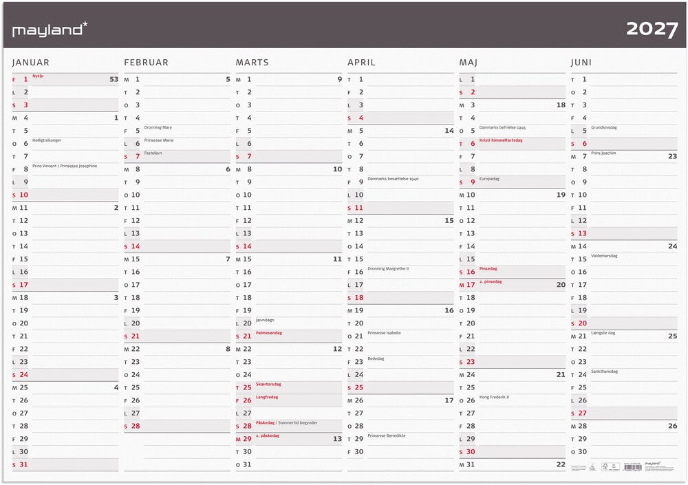 Kæmpekalender 2027 moderne 2x6 mdr Mayland 100 x 70 cm