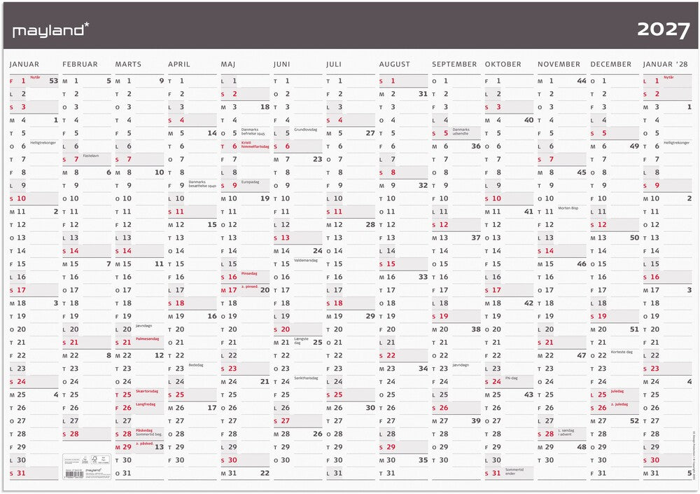 Kæmpekalender 2027 moderne 13 mdr Mayland 100 x 70 cm