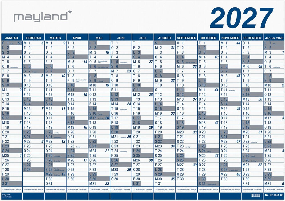 Kæmpekalender 2027 plast 13 mdr Mayland 100 x 70 cm