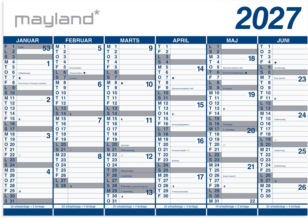 Kæmpekalender 2027 dobbelt sidet 2x6 mdr Mayland 100 x 70 cm