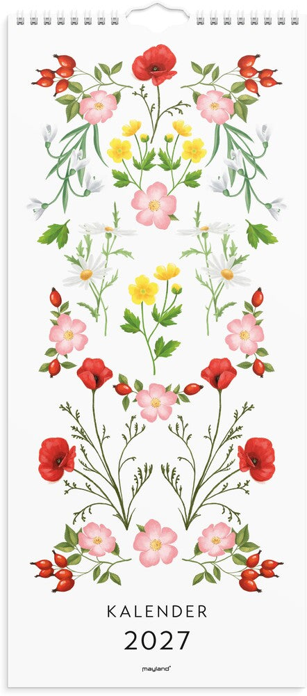 Vægkalender 2027 blomster karton vægophæng Mayland 19x43 cm