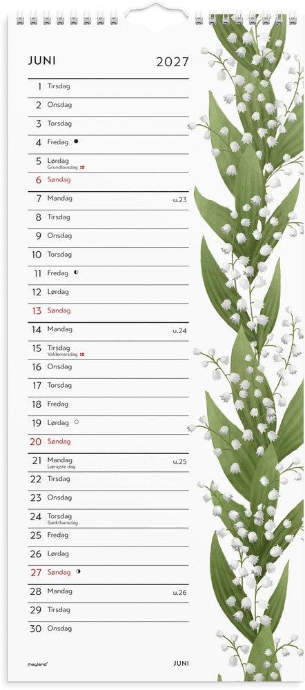 Vægkalender 2027 blomster karton vægophæng Mayland 19x43 cm
