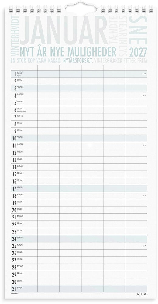 Familiekalender 2027 trendart 6 personer Mayland 22 x 43 cm