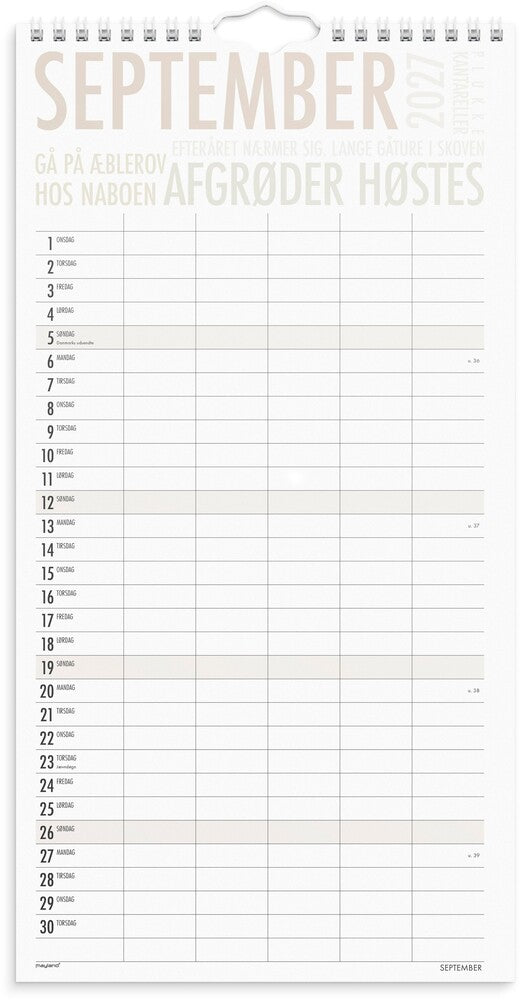 Familiekalender 2027 trendart 6 personer Mayland 22 x 43 cm