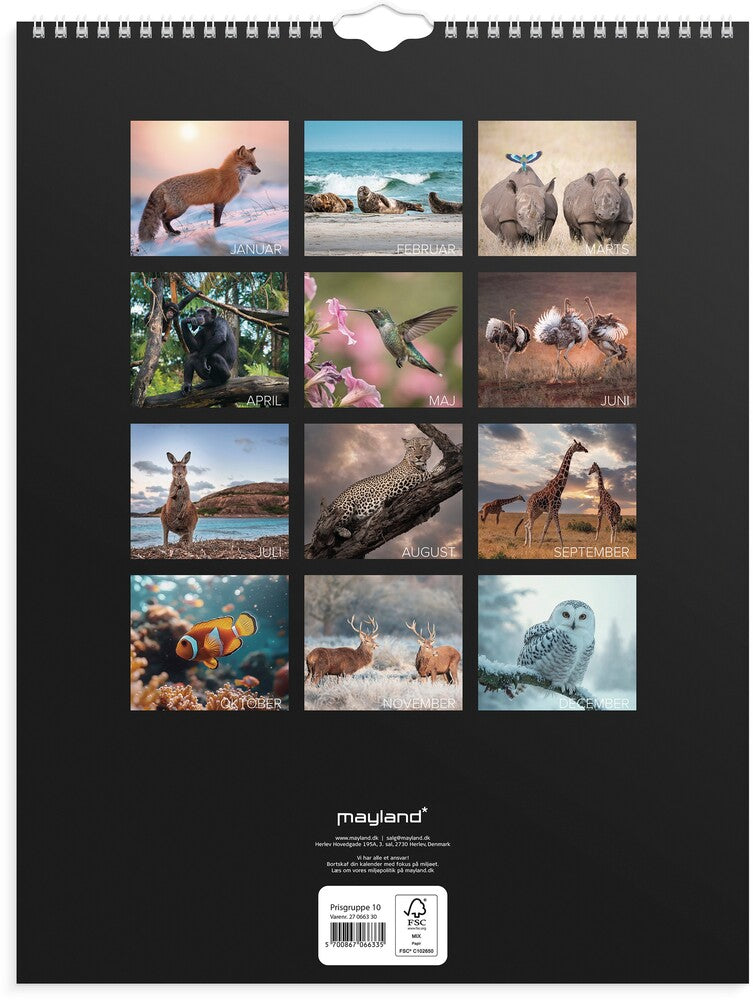 Vægkalender 2027 verdens dyr Mayland højformat 39 x 29,5 cm