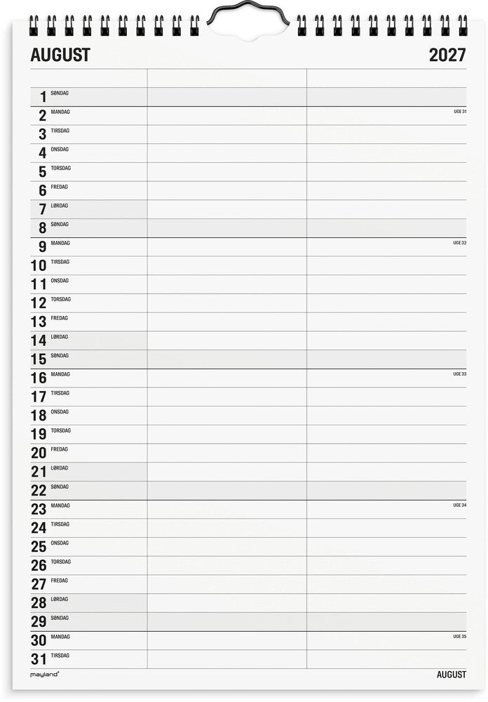 Familiekalender 2027 sort/hvid A4 2 kol Mayland 21 x 29,7 cm