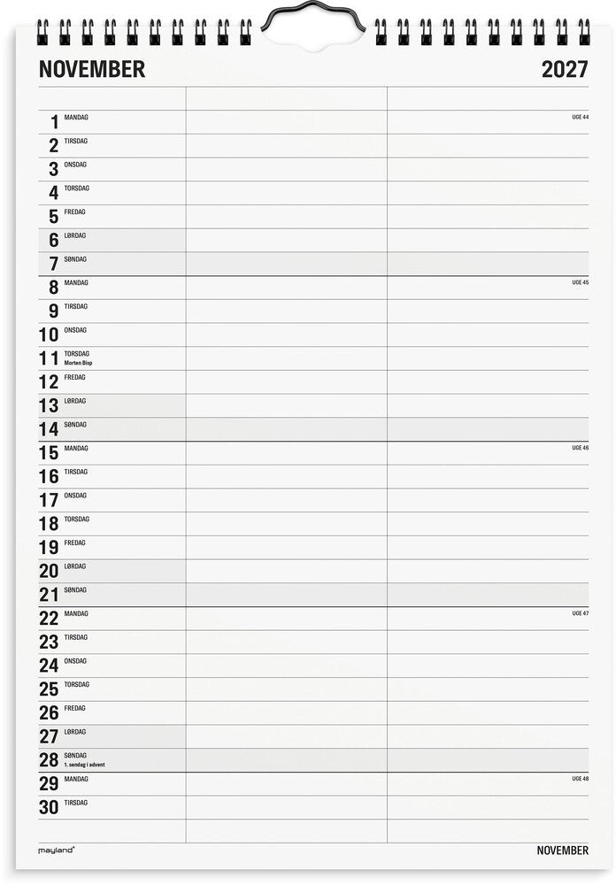 Familiekalender 2027 sort/hvid A4 2 kol Mayland 21 x 29,7 cm