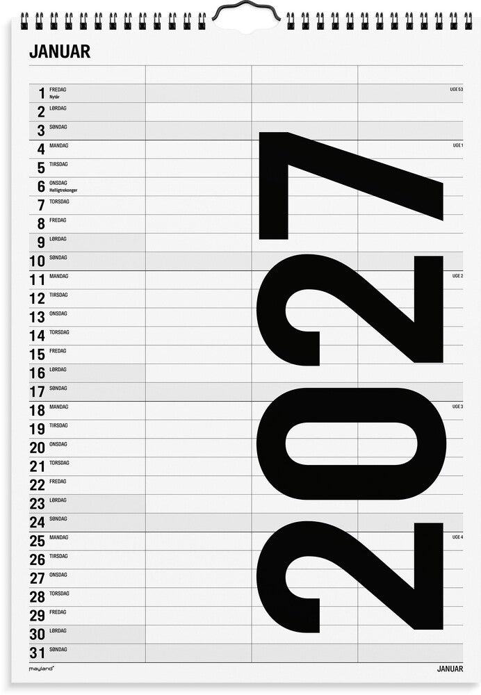 Familiekalender 2027 sort/hvid 3 kol Mayland 24 x 34 cm