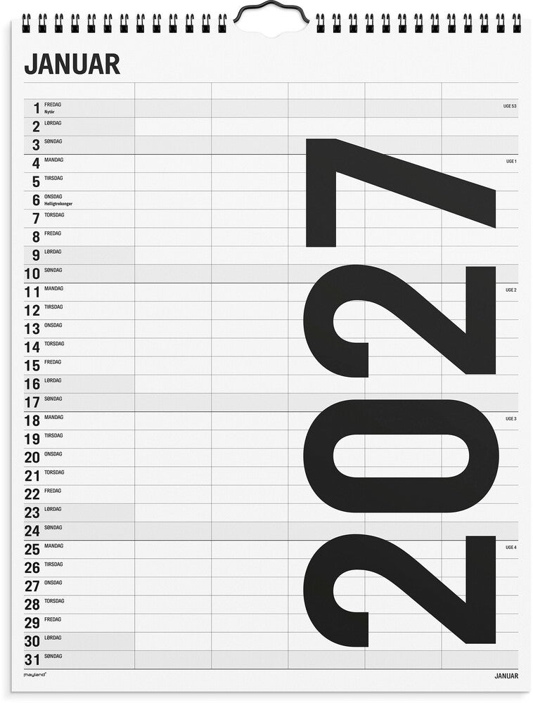 Familiekalender 2027 sort/hvid 5 kol Mayland 29,5 x 39 cm
