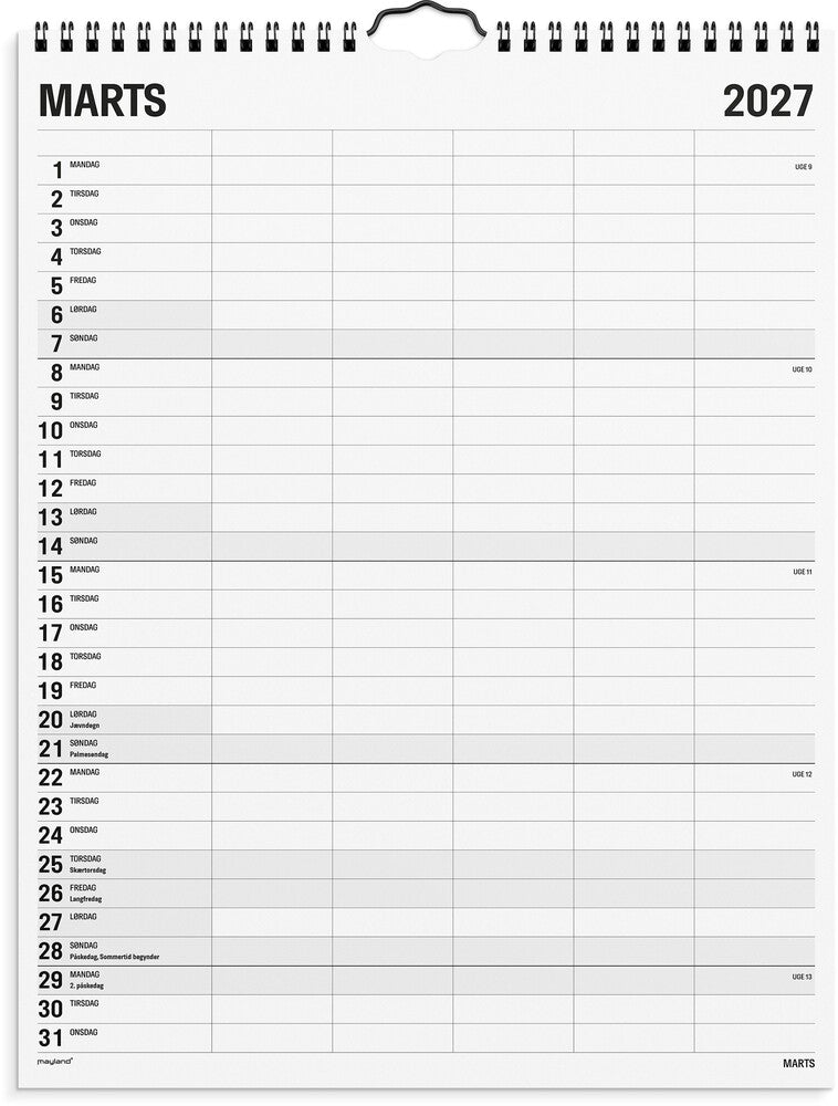 Familiekalender 2027 sort/hvid 5 kol Mayland 29,5 x 39 cm