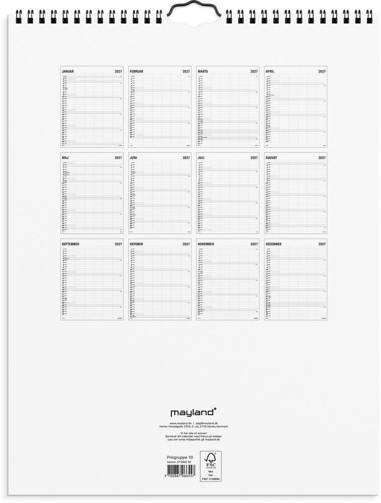 Familiekalender 2027 sort/hvid 5 kol Mayland 29,5 x 39 cm