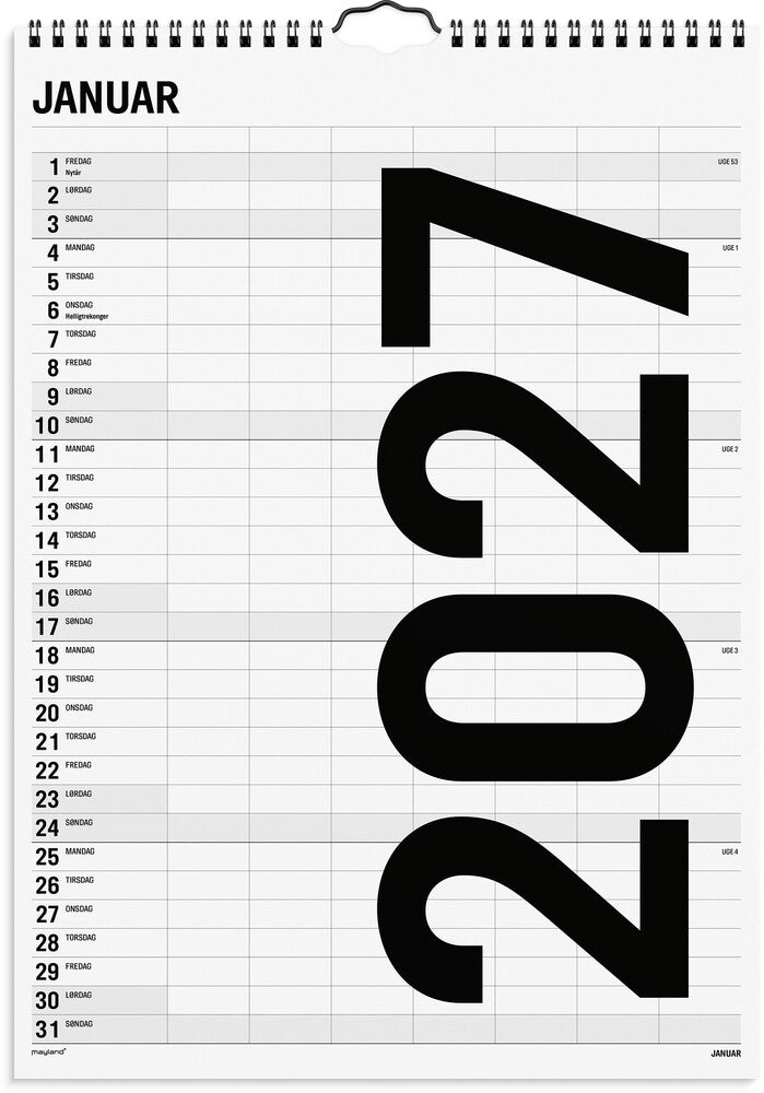 Familiekalender 2027 sort/hvid 7 kol Mayland 43 x 48 cm