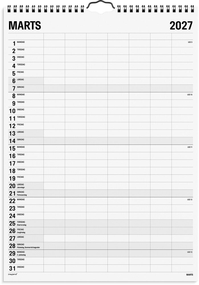Familiekalender 2027 sort/hvid 7 kol Mayland 43 x 48 cm