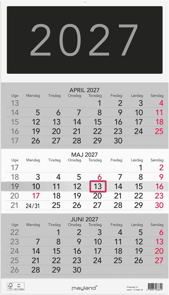 Vægkalender 2027 triplanner Mayland 28,5 x 50 cm