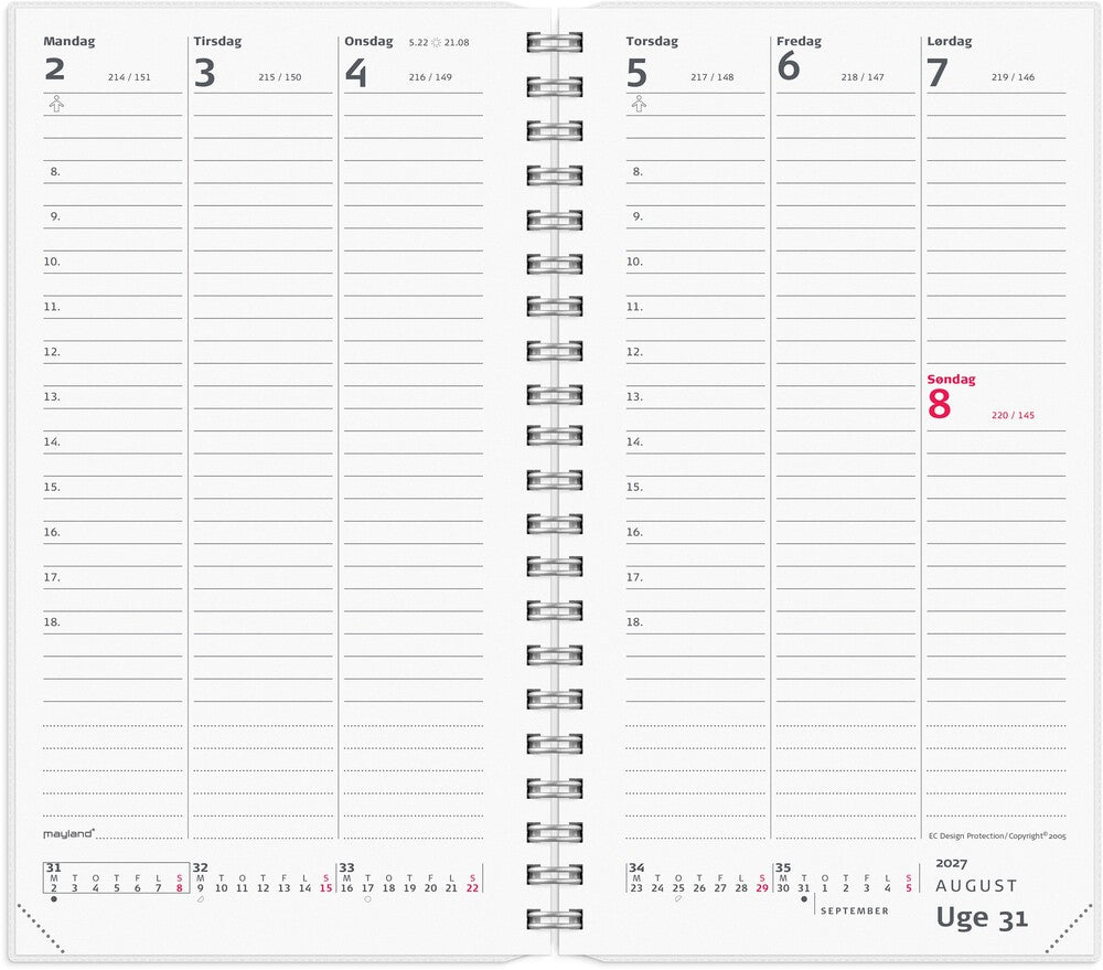 Week planner 2027 uge m/4 illu Mayland højformat 9,5x16,8cm