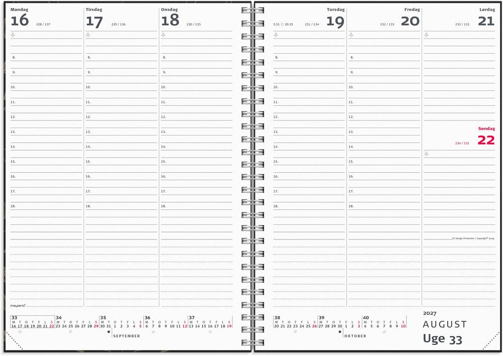 Spiralkalender 2027 uge A5 matsort Mayland 14,8 x 21 cm