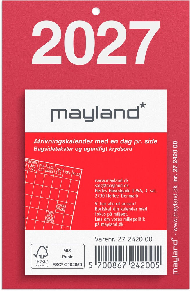 Afrivningskalender lille 2027 m/bagsidetekst Mayland 5x6 cm