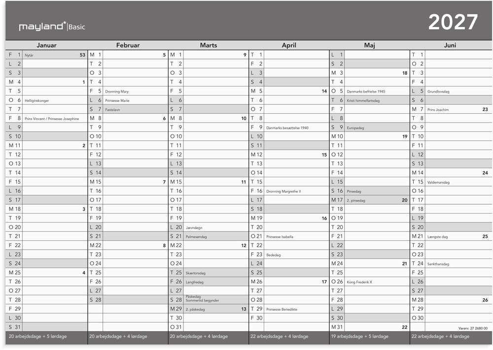 Kontorkalender basic 2027 A4 2x6 mdr Mayland 29,7 x 21 cm