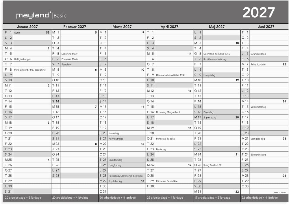 Kontorkalender basic 2027 A3 2x6 mdr Mayland 42 x 29,7 cm