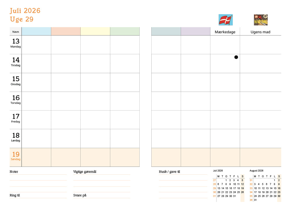 Familyplan skoleåret 2026/2027 Bordugekalender m/6 kolonner