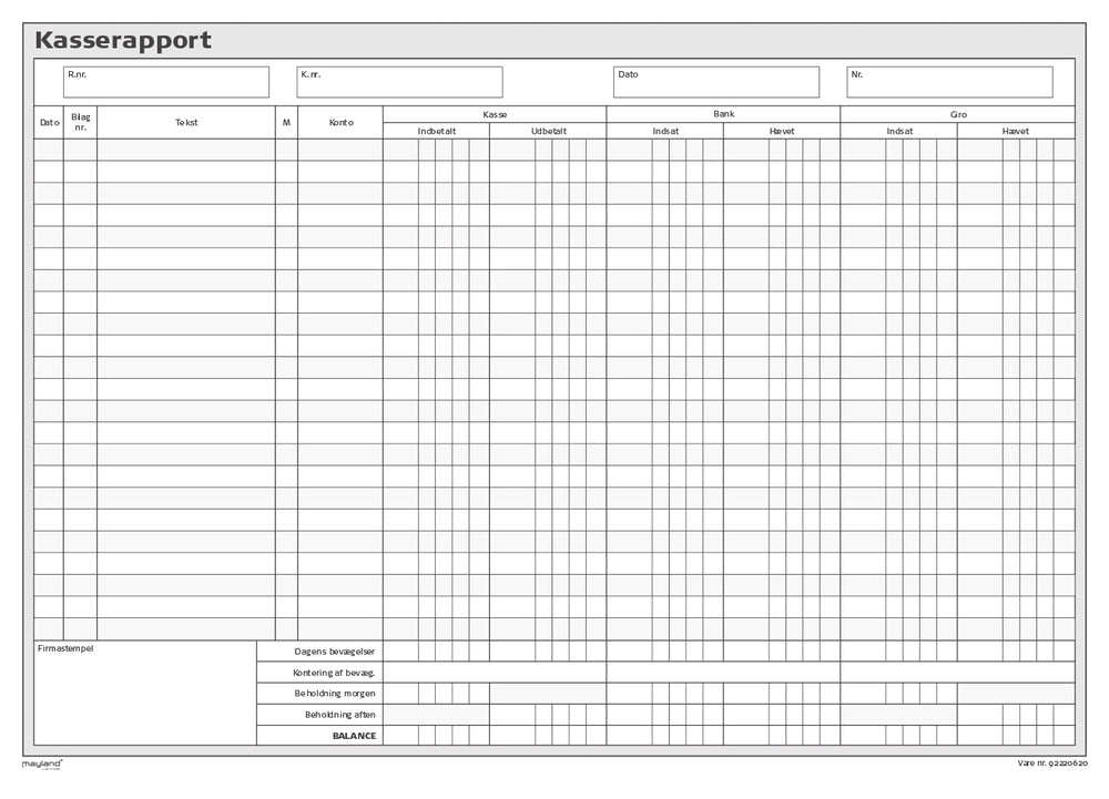 Kasserapport Mayland kasse/bank/giro 29,7x22,8